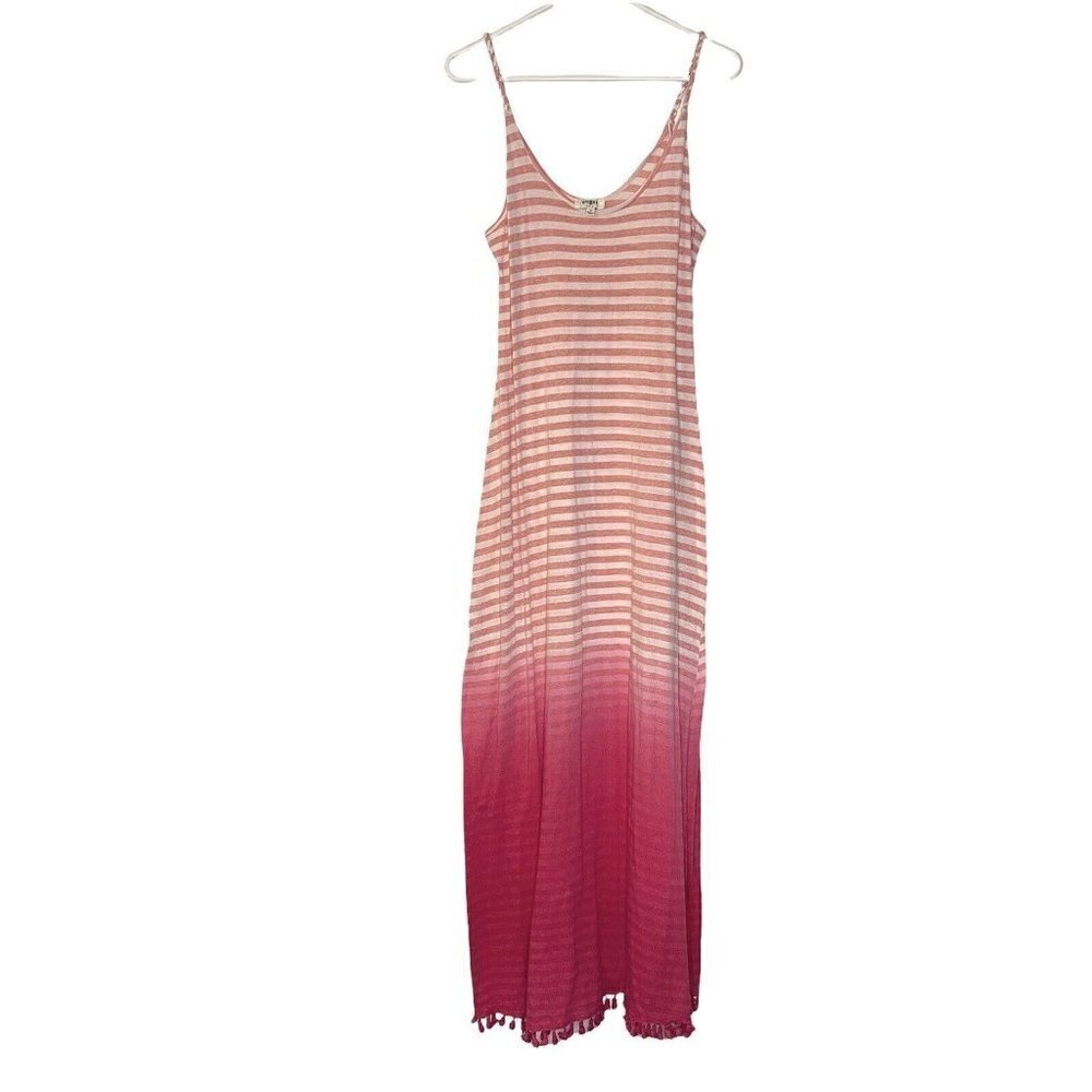 Umgee Striped Ombre Pink Ivory Tassels Braided‎ Straps Maxi Dress Size M